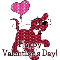 a valentine 's day greeting with a dog holding a pink heart balloon