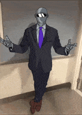 a man in a suit and tie is standing in a hallway with his arms outstretched