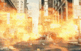 a car is flying through the air in a city street with a sign that says ' chinese restaurant ' on it
