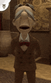 a cartoon character in a suit and bow tie with his mouth wide open