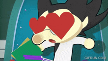 a cartoon character with heart shaped eyes is holding a book with gifrun.com written below it