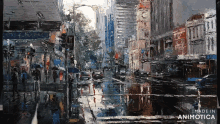 a painting of a city street in the rain is made in animatica