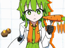 a girl with green hair is holding a carrot in her hand