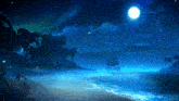 a painting of a beach at night with a full moon in the background
