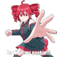 a picture of a girl with red hair and the words back off my pookie !!!