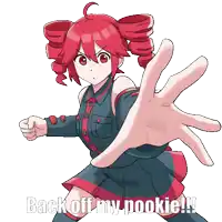 a picture of a girl with red hair and the words back off my pookie !!!