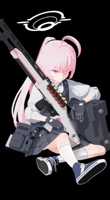 a girl with pink hair is holding a rifle and a shield