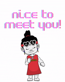 a cartoon character says nice to meet you with a girl wearing sunglasses