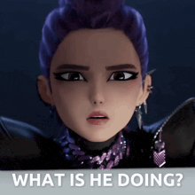 a cartoon character with purple hair and the words what is he doing behind her