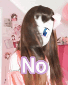 a girl wearing a white mask with a blue eye and the word no on the bottom
