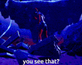 a woman with horns is standing in front of a blue and purple background with the words " you see that " below her