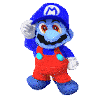 a blue mario wearing red overalls and a blue hat