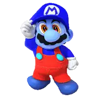 a blue mario wearing red overalls and a blue hat