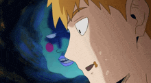 a cartoon drawing of a man with a purple face