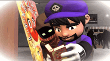 a man in a purple hat is holding a book