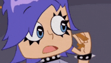 a close up of a cartoon character with purple hair and spiked bracelets .