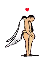 a cartoon of a man with wings hugging a woman