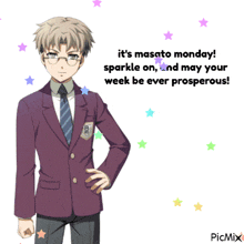 a picture of a man in a suit and tie with the words it 's masato monday