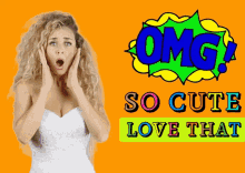 a woman in a white dress stands in front of a sign that says " omg so cute love that "