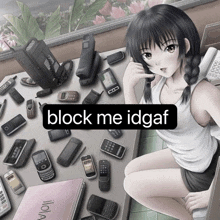 a girl talking on a cell phone with a block me idgaf sticker