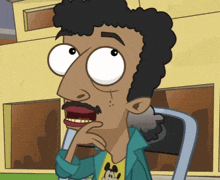 a cartoon man with a mickey mouse shirt on is sitting in front of a building
