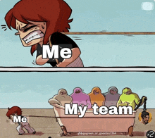 a cartoon of a woman being pulled by a tub of ghosts with the caption " me my team me "