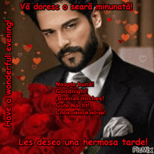 a man with a beard is holding a bouquet of red roses and says " have a wonderful evening "