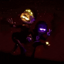 a couple of cartoon characters are standing next to each other in the dark .