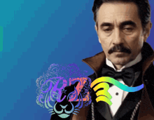 a man in a tuxedo stands in front of a colorful graphic of a lion