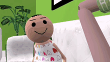 a doll wearing a white dress with hearts on it smiles