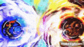 a painting of two spinning tops fighting each other in a battle .