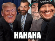 a group of men are posing for a picture and one of them is wearing a hat that says " multivers "