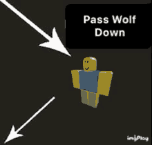 a roblox character is standing next to a trash can and an arrow pointing to it .