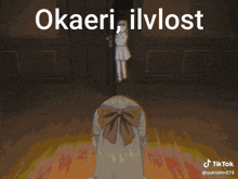 a drawing of a woman with the words " okaeri ilvlost " above her