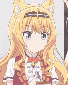 a girl with long blonde hair and cat ears holds a notebook