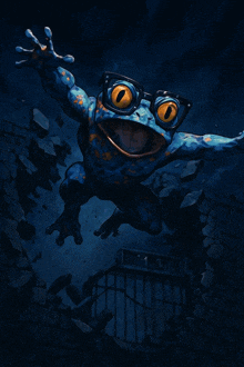a painting of a blue and orange frog with a large yellow eye
