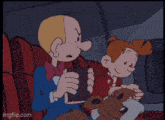 two cartoon characters are sitting in the back seat of an airplane with a dog