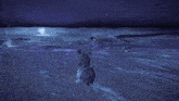 a person riding a horse in the water with a purple background