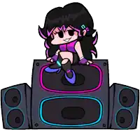 a cartoon girl is sitting on top of a speaker surrounded by speakers