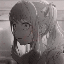 a black and white drawing of a girl with pigtails and a bow in her hair