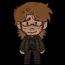 a cartoon drawing of a man with glasses and a plaid jacket