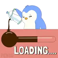 a penguin is pouring coffee into a thermometer that says loading on it