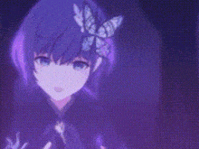 a girl with purple hair and a butterfly on her head is standing in a dark room .