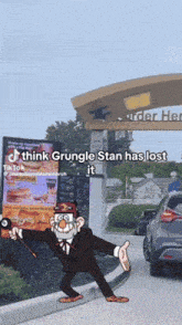 a cartoon character is standing in front of a mcdonalds drive thru