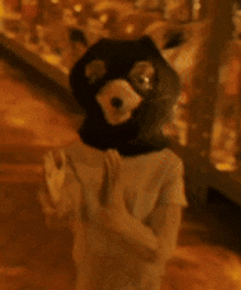 a person wearing a raccoon mask is standing with their arms crossed