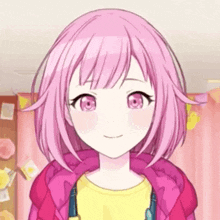 a girl with pink hair and blue eyes is wearing a pink jacket and smiling .