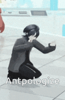 a man is kneeling down on the floor with the word anthropize written on the bottom