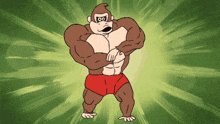 a cartoon drawing of a gorilla wearing red shorts with a green background