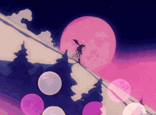 a drawing of a person skiing down a slope with a pink moon behind them