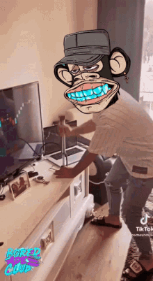 a monkey with blue teeth is standing in front of a tv with the words bored ape club on the bottom